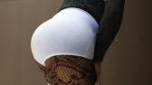 black lace tights contrasts with white "Mon...
